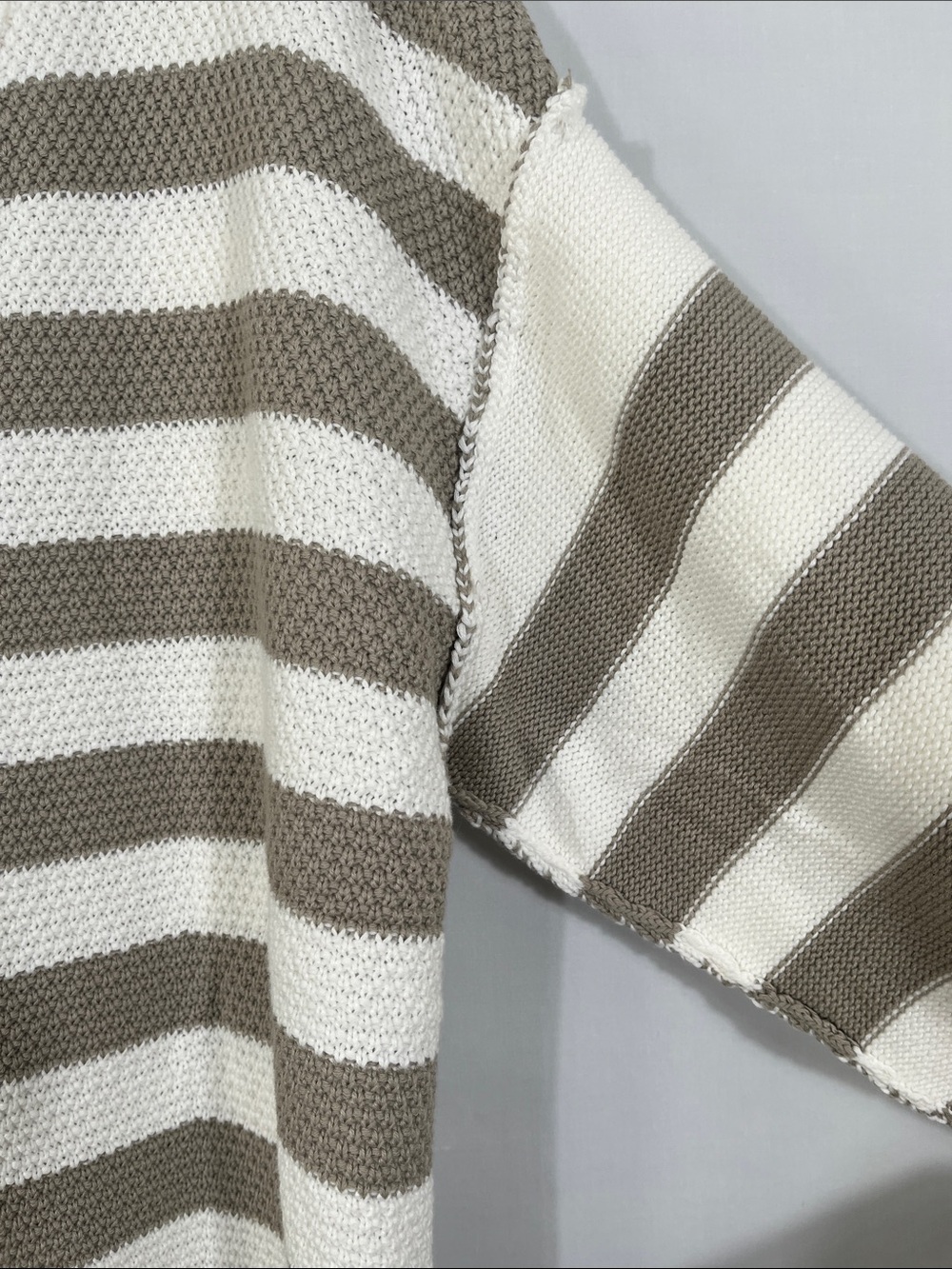 Striped V-Neck Button-Front Cardigan in Cream and Taupe - Picture 7 of 11